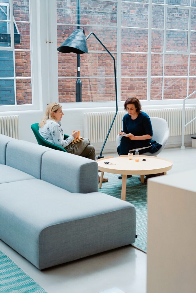 two women sit on sofa chairs inside house photo